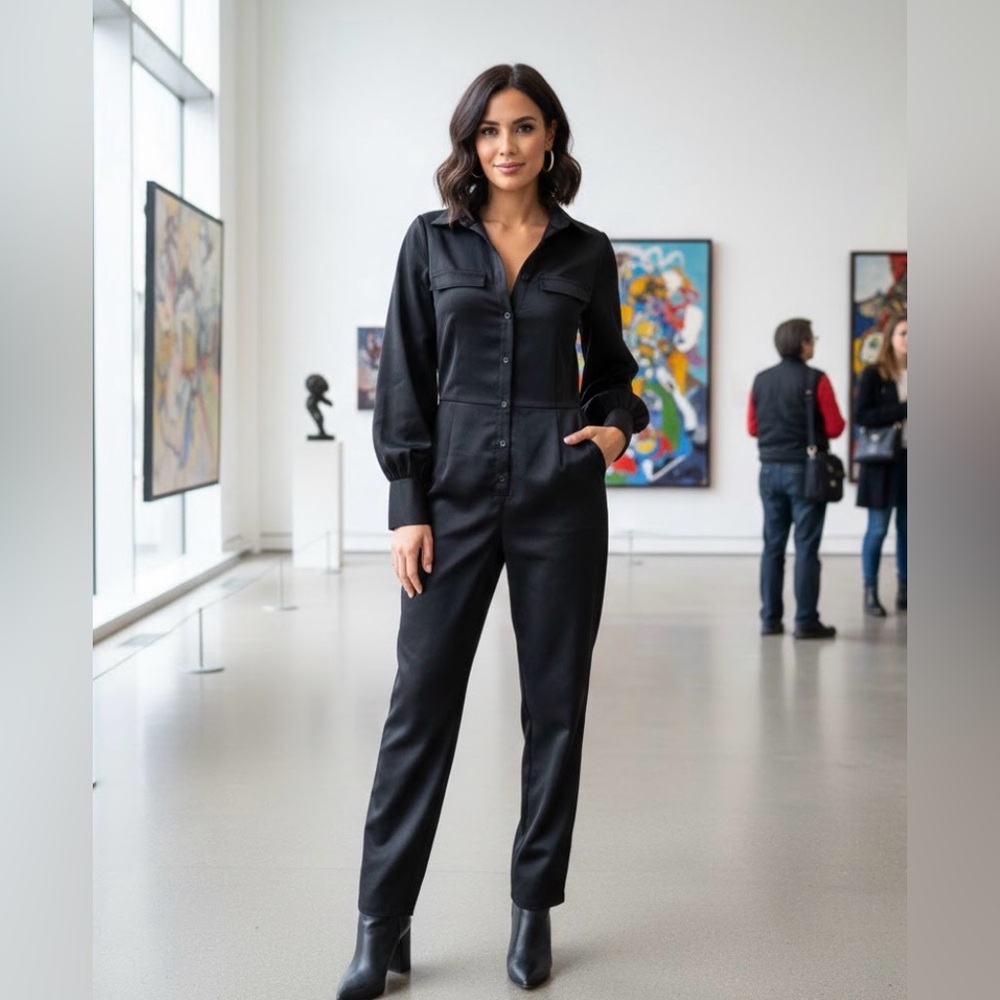 PrettyLittleThing Black Satin Long Sleeve Button Down Jumpsuit - Size 6